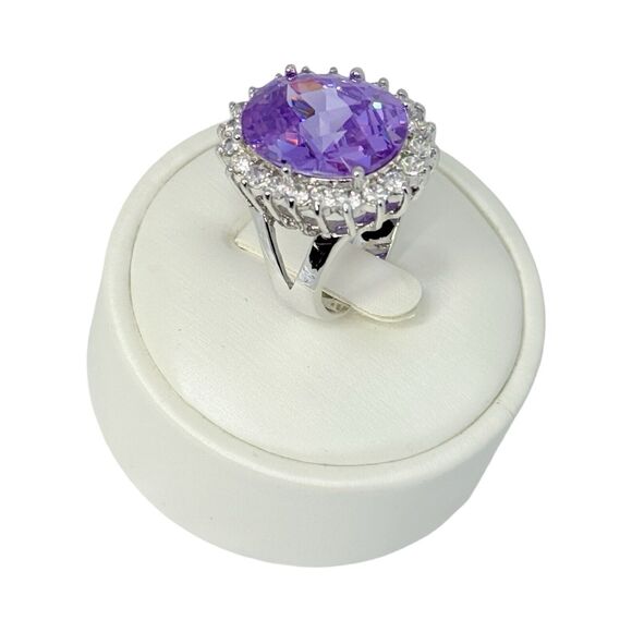 Large  Purple Crystal 925 Sterling Silver Cocktail Ring Sz 8 Statement Bold - Picture 12 of 16